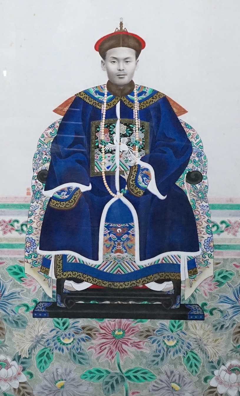 Early 20th century Chinese School, gouache, collage and photograph, Ancestor portrait, 103 x 64cm